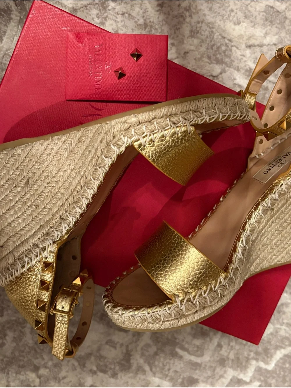 Valentino Gold Leather Ankle-Strap Wedge Espadrilles